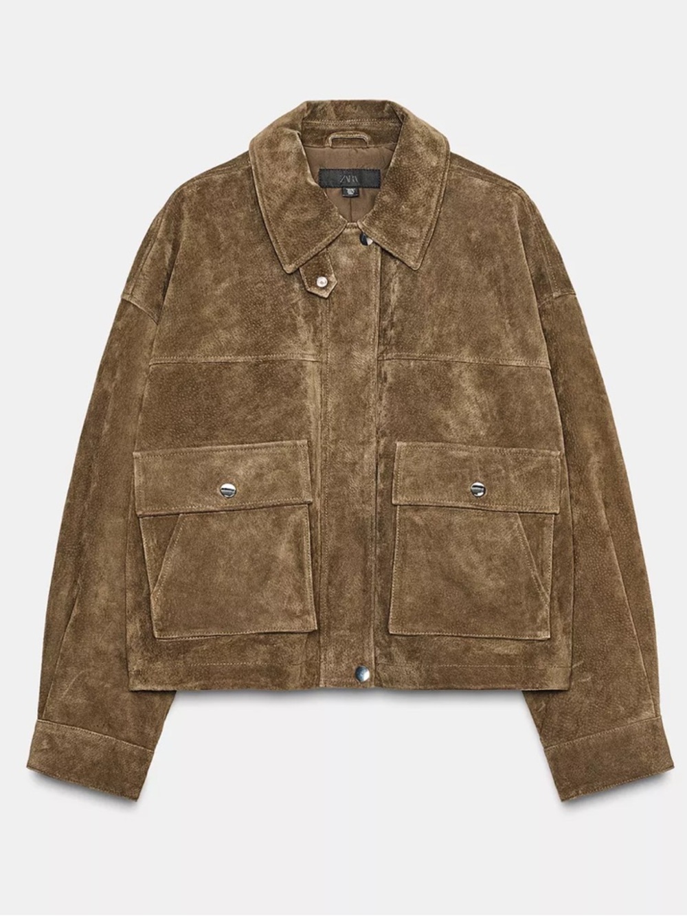 Zara Suede Leather Olive Green Bomber Jacket